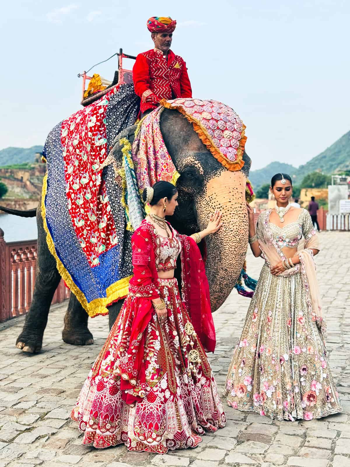 Elephant in India dressed up with costumed ladies